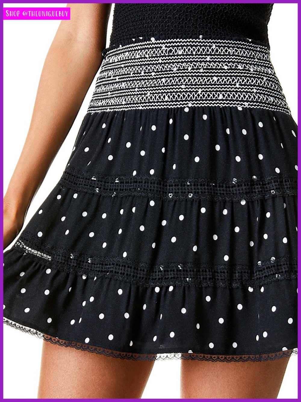 Alice + Olivia Annabeth Polka Dot Black White Lace Trimmed Mini Skirt